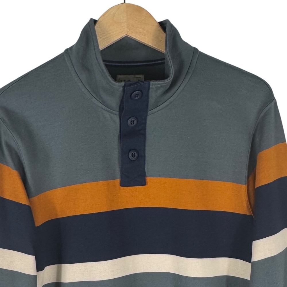 LL Bean Vintage Soft Rugby Shirt Mens M Chest Striped Button Mock Neck Grey Blue